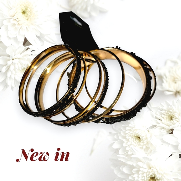 Charlotte Daniel New Black Gold Pebble Stone BANGLE SET Of 7. - Picture 3 of 6